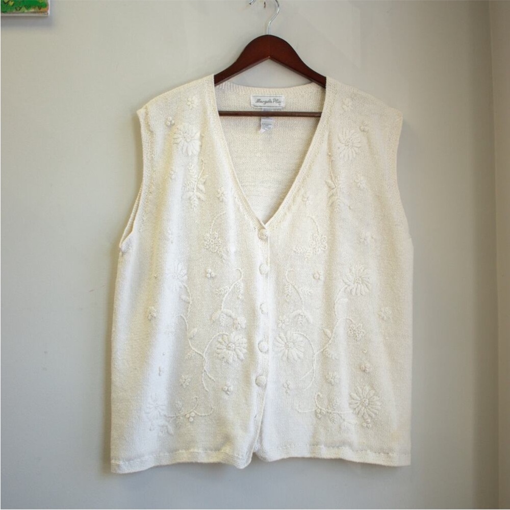 Margules Plus Vintage Cream Floral Closed Cardigan Sweater Vest Size 2X